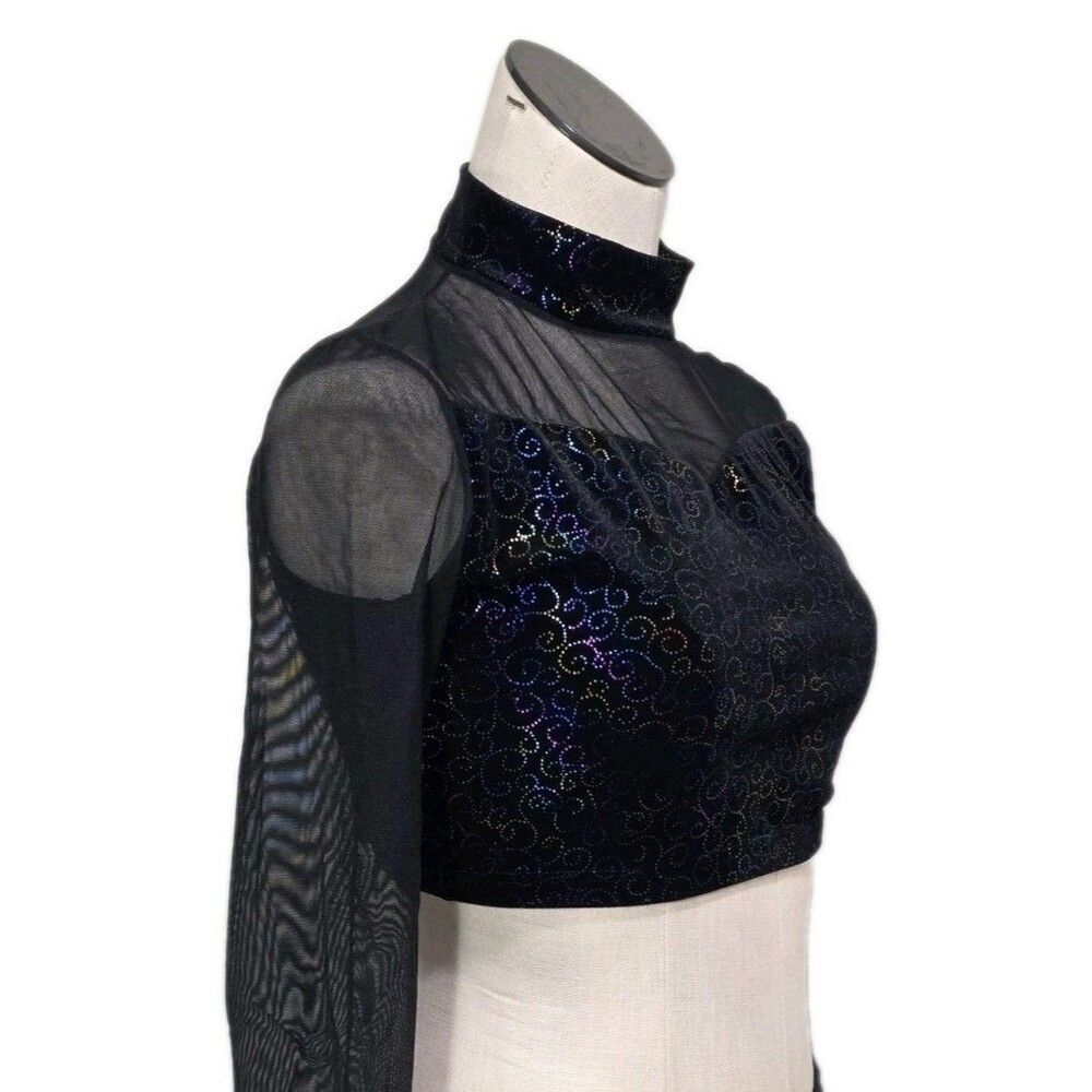 Body Wrappers VTG Mesh Velvet LS Mock Neck Dance Midriff Bling Top Size Adult L - Picture 3 of 16